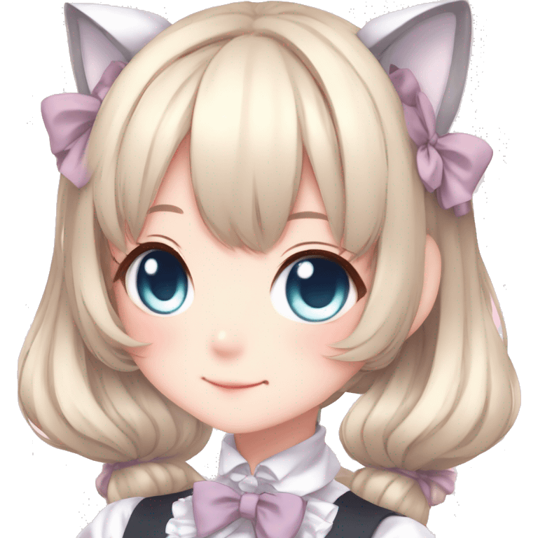 Gorgeous anime style catgirl with blushing face with maid outfit bow tie idol model kawaiicore pearly petite simplistic aesthetic trending style emoji