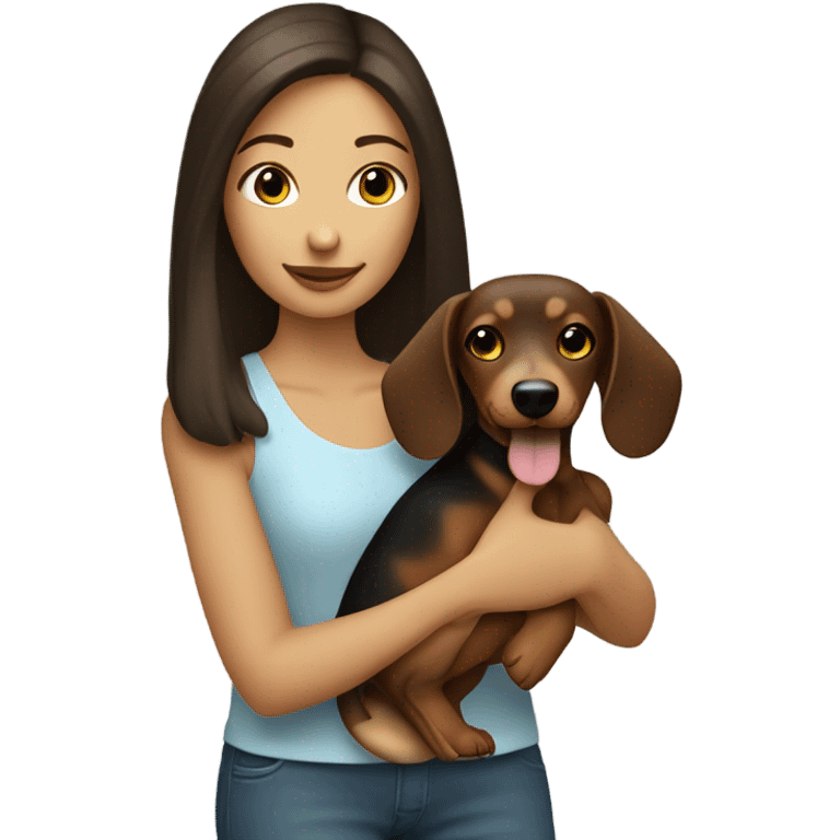 a brunette girl holding a blonde sausage dog emoji