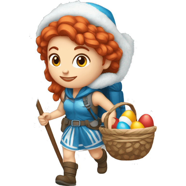 Greek Female winter mountaineer red hair white skin climbing with Greek Flag and Easter eggs basket emoji