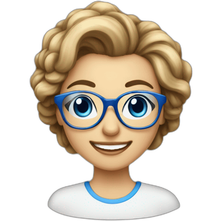 Mujer-pelo casi blanco-corto- con gafas azules- sonriendo-escribiendo en ordenador emoji