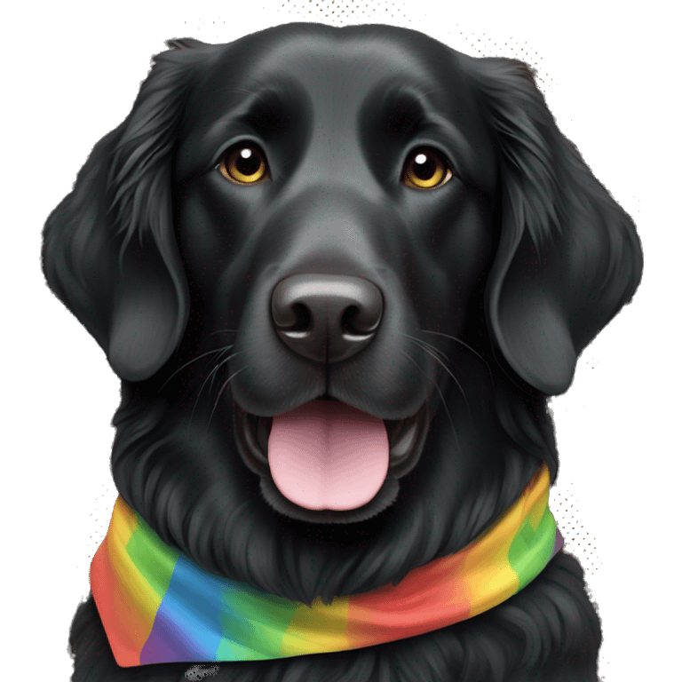 Black Flat coated retriever with small ears wearing rainbow bandana emoji