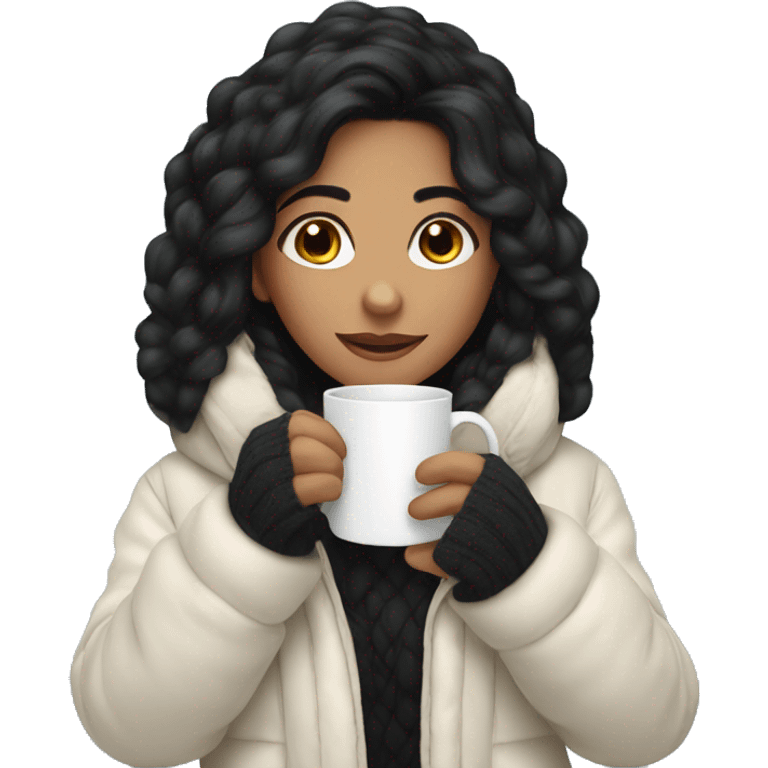 a girl with black hair drink a cup of tea at the winter emoji