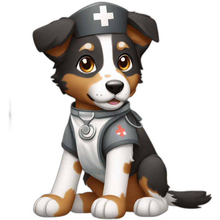 A nurse Black white brown and grey Australian sheperd with bandage on leg emoji