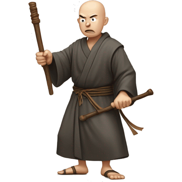 An illustration of a bald monk in traditional robe he is angry, mid-action, wielding a wooden staff. He strikes with precision, showing focus and strength, in a cartoon-like style emoji