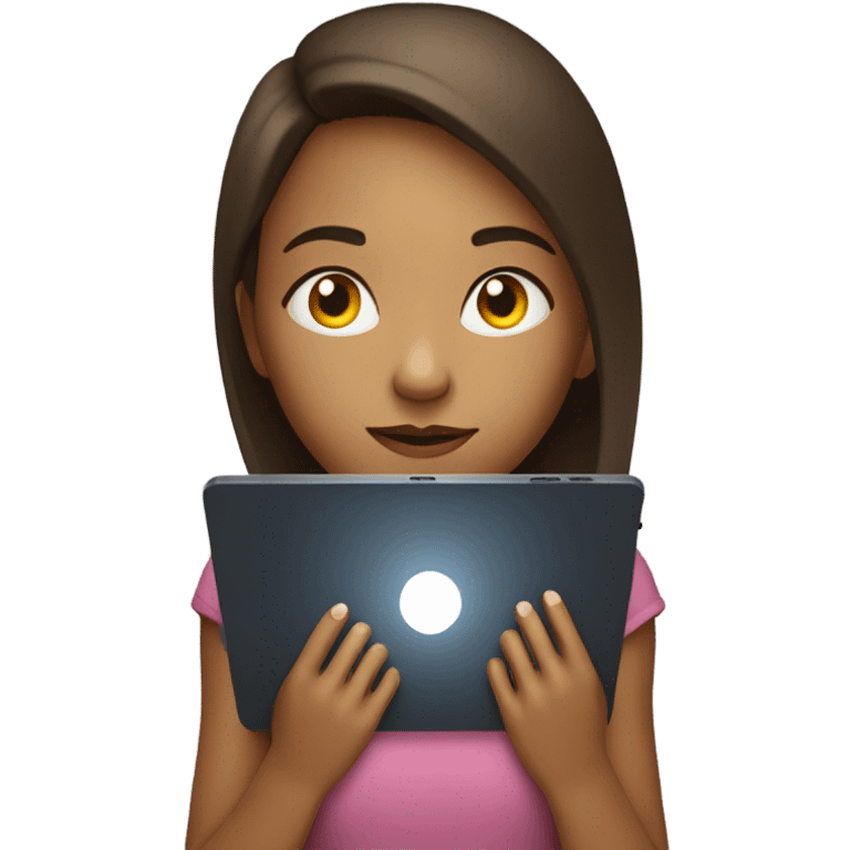 girl looking at turned on tablet emoji