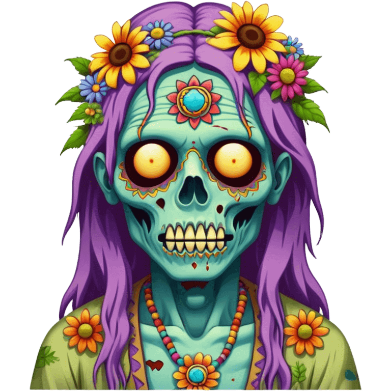 Cinematic ultra detailed 32k HD Psychedelic colored hippie style zombie with flowers emoji