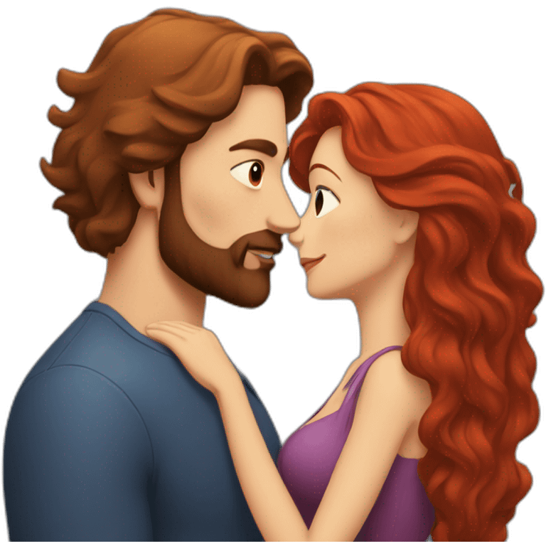 a bearded man with dark hair kissing a woman with long red hair emoji