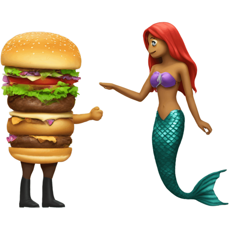 Horse burger shaking hands with mermaid with no eyes emoji