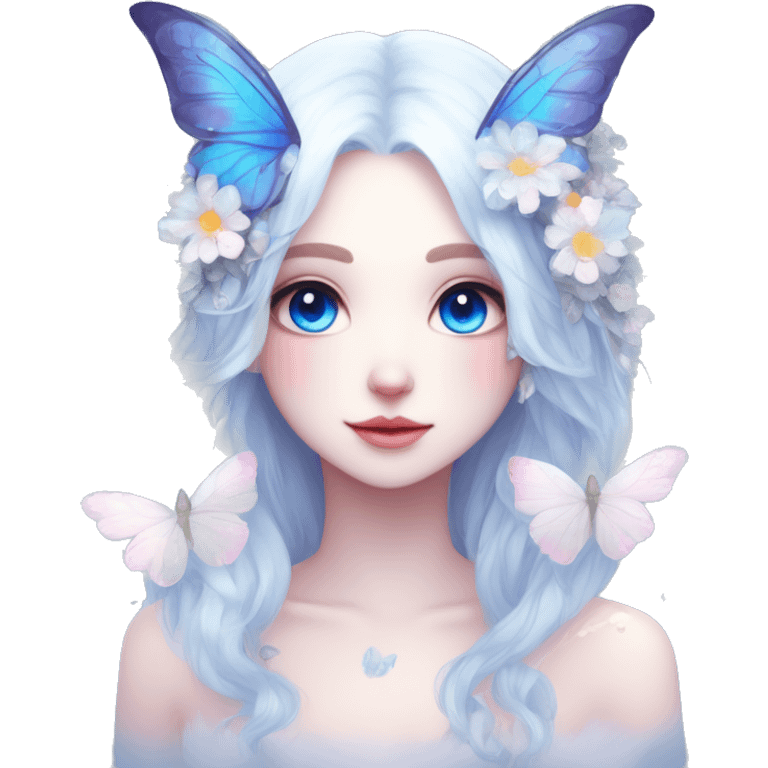 Edgy Cute Cool Kawaii gorgeous sparkly ethereal white fantasy animal with blue eyes sona with flowers and butterflies emoji