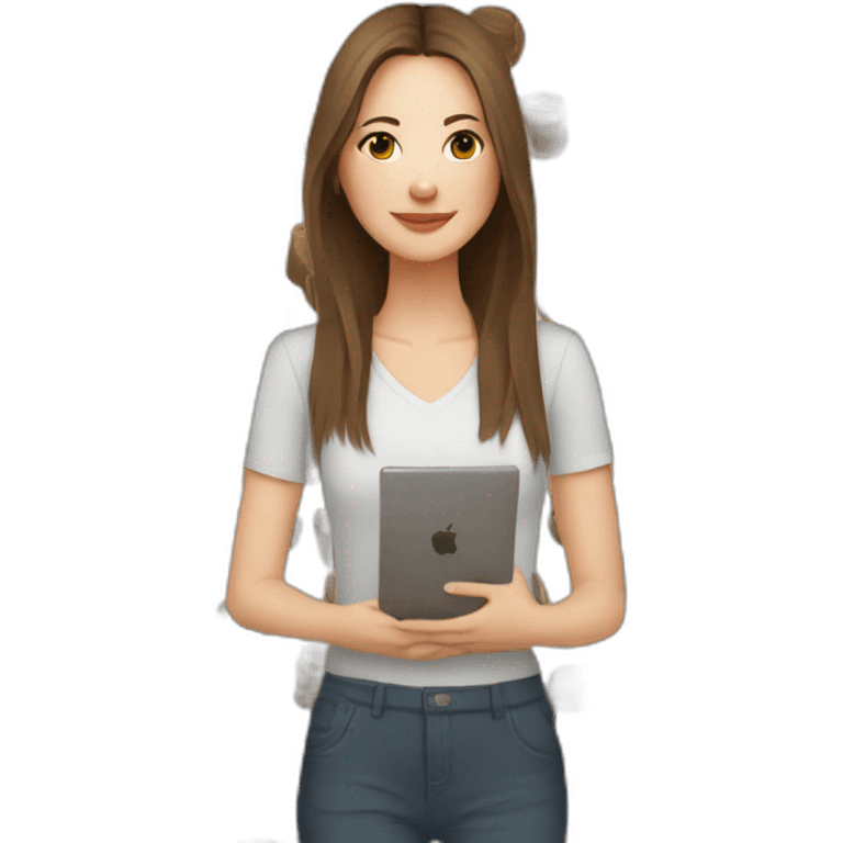 woman with long straight brown hair and pale skin both hands full of laptops and coffee mugs emoji