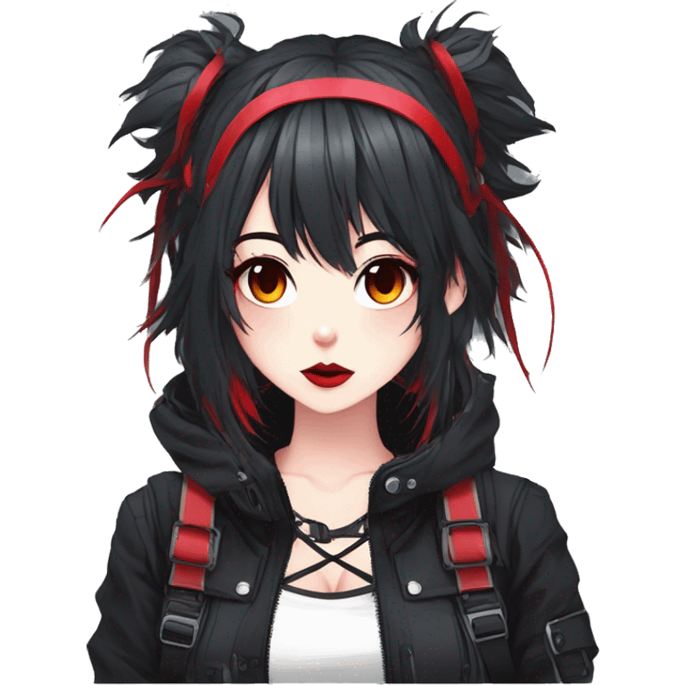 Gorgeous bright gothic techwear anime style lady with blushing face aesthetic and pretty edgy black red punk messy wild cute hair with collar and harness trending style emoji