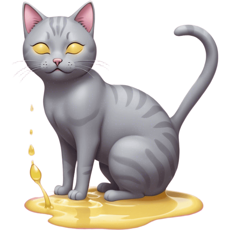 A digital illustration of a grey cat peeing in a playful, cartoonish style. The cat has a relaxed expression with closed eyes and a small, peaceful smile. It is raising one of its hind legs while urinating, with a visible stream of yellow liquid forming a small puddle on the ground. The cat’s tail is curved upwards, and its ears are perked with pink inner coloring. The background is a solid bright blue, creating a simple yet eye-catching contrast with the dark grey fur of the cat. The illustration uses clean, smooth linework and a minimalistic color palette, giving it a modern and humorous aesthetic. emoji