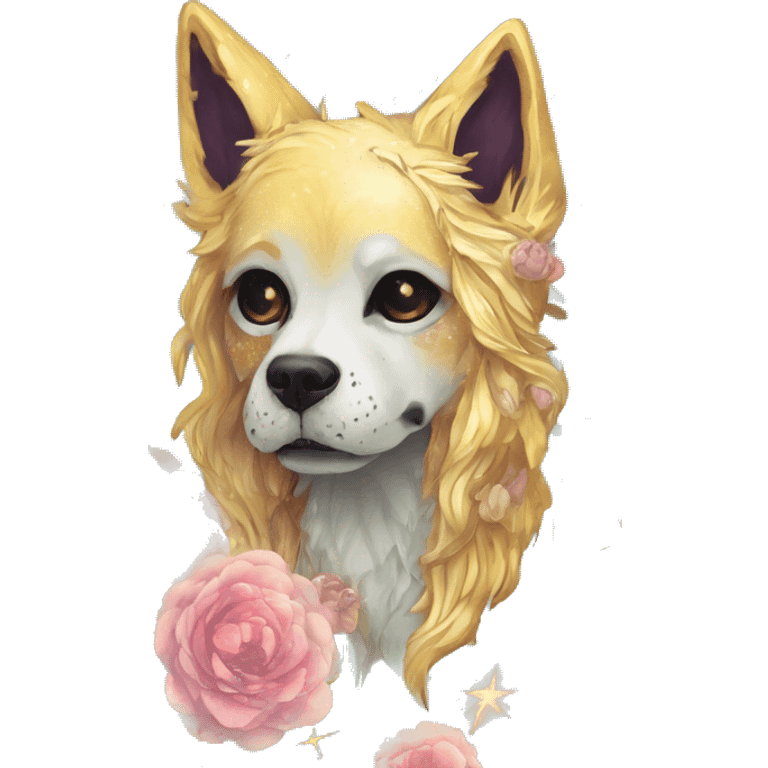 iridescent kintsugi fluffy zombie dog fox head zombie skull skeleton gold mechanical nebula galaxy stars colorful flowers fairy lights vintage zombie emoji