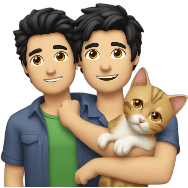 Gay couple, 1 guy Latino black straight black hair and 1 Australian white guy with blonde slightly curly hair holding a cat emoji