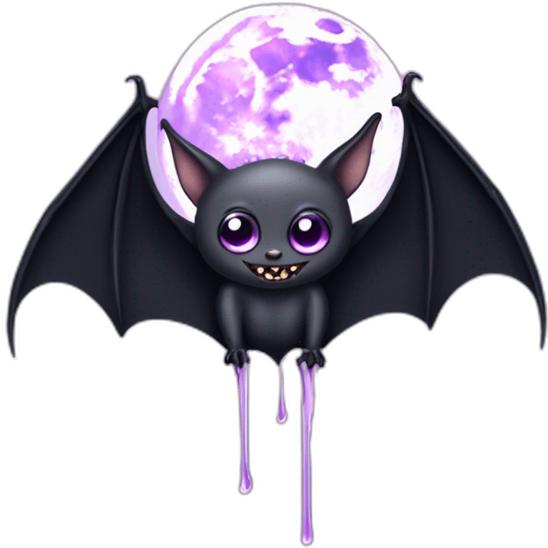 purple black vampire bat pretty eyes wings flying in front of large dripping grey crescent moon emoji