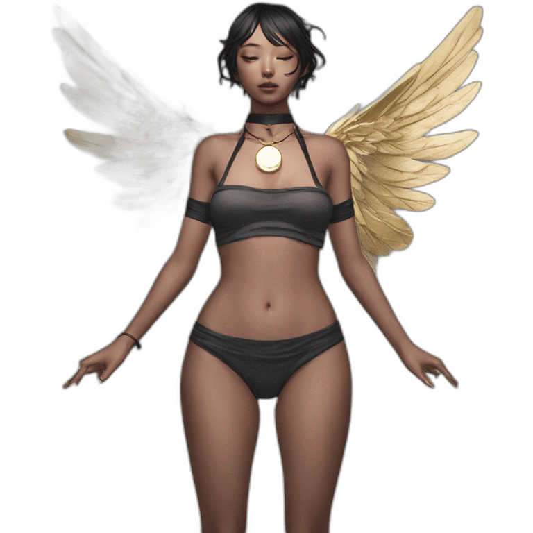 Woman, Bare belly, Wings, Choker, Colorless garden, Bathed in shadows, FOV 90 degrees, short lighting, L USM, Cold Colors, gilded technique, taiji, extremely hyper aesthetic, absurdres emoji