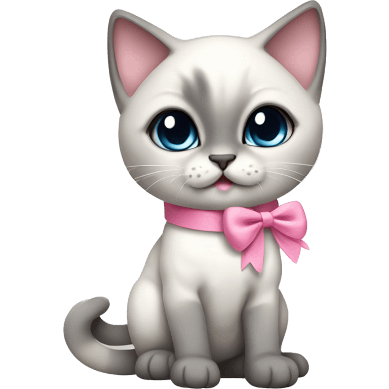 kawaii white and gray siamese kitten with pink bow full body emoji