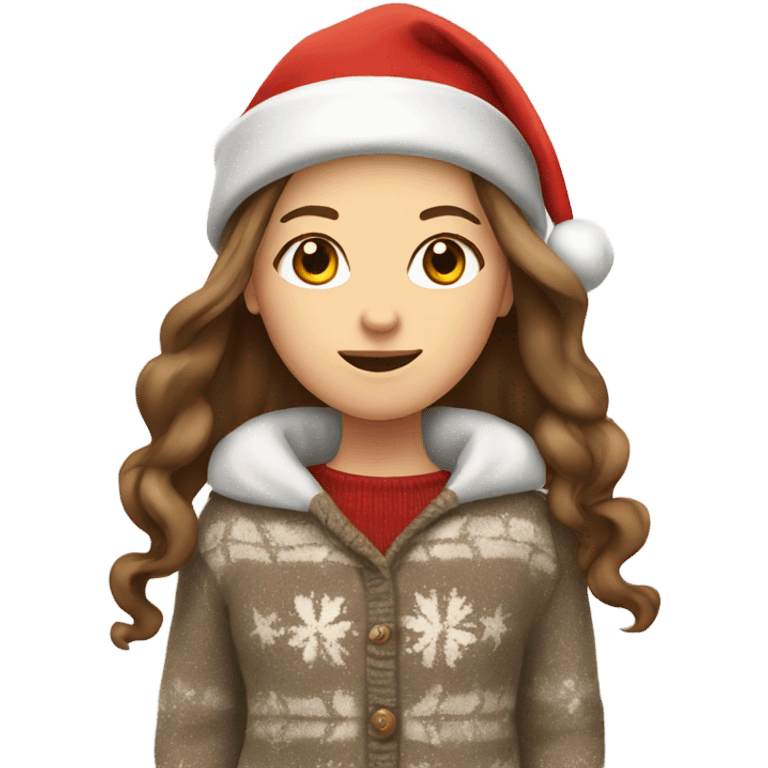 White girl with long brown hair wearing a santa hat and sweater emoji