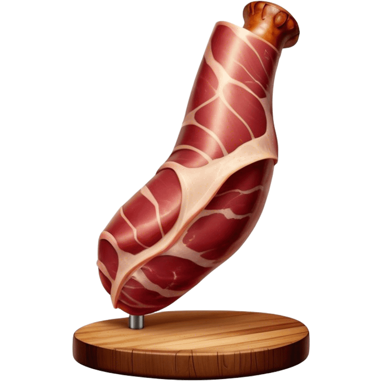 ​Cinematic Realistic Spanish Jamón Leg, depicted as a massive, cured leg of Jamón serrano (ham) with a deep reddish-brown hue, intricately marbled and slightly glossy with age, elegantly displayed on a rustic wooden stand and bathed in warm, soft lighting that accentuates its artisanal heritage, emoji