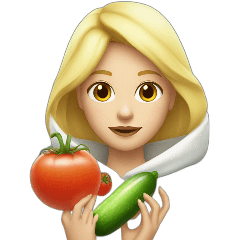 blonde girl  eating  cucumber and tomatoes with white hoodie iridescent and a crown princess emoji