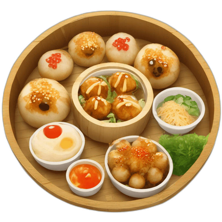 takoyaki in bamboo boat tray and toppings emoji