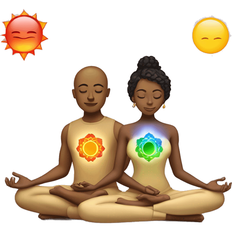 Light skin Man and light skin woman lovers with 7 chakra symbols meditating emoji