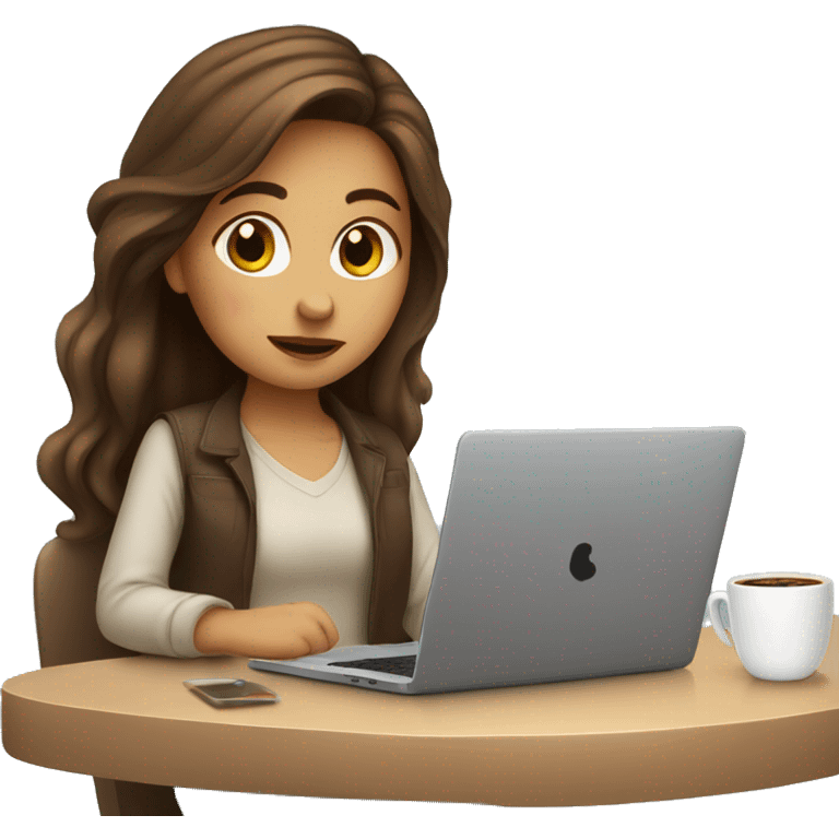 cute girl with brown hair working on laptop and drinking coffee emoji