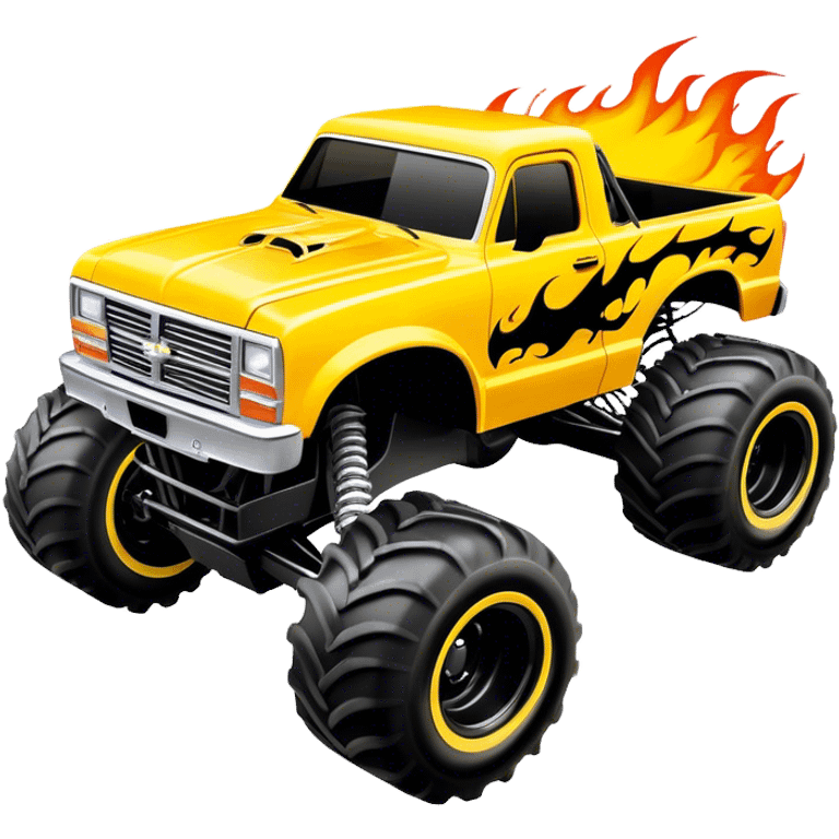 Maximum Destruction - Monster Jam (Model Year: 2021) (Iconic colour: Yellow with black flames) - A ferocious monster truck featuring a vivid yellow base accented by dramatic black flame patterns. Emphasize sharp, high-contrast flame streaks across the body, creating a look of aggressive, explosive energy. emoji