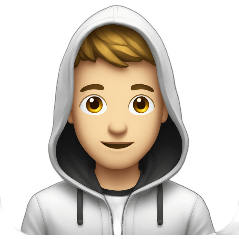 Young white developer with a black hood behind his laptop on a desktop emoji