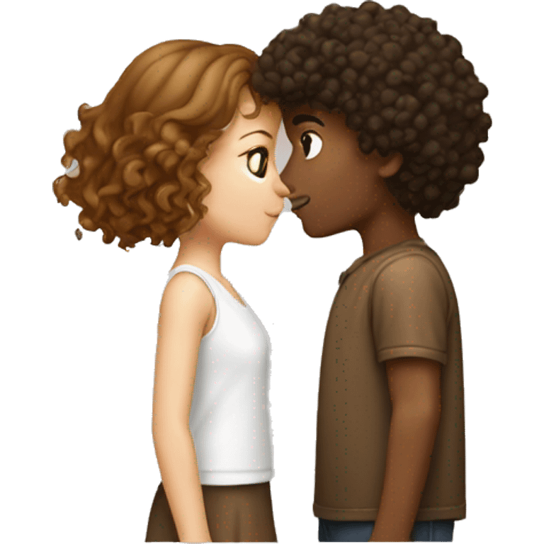 A brownish curly boy kissing a white girl with brown hair emoji