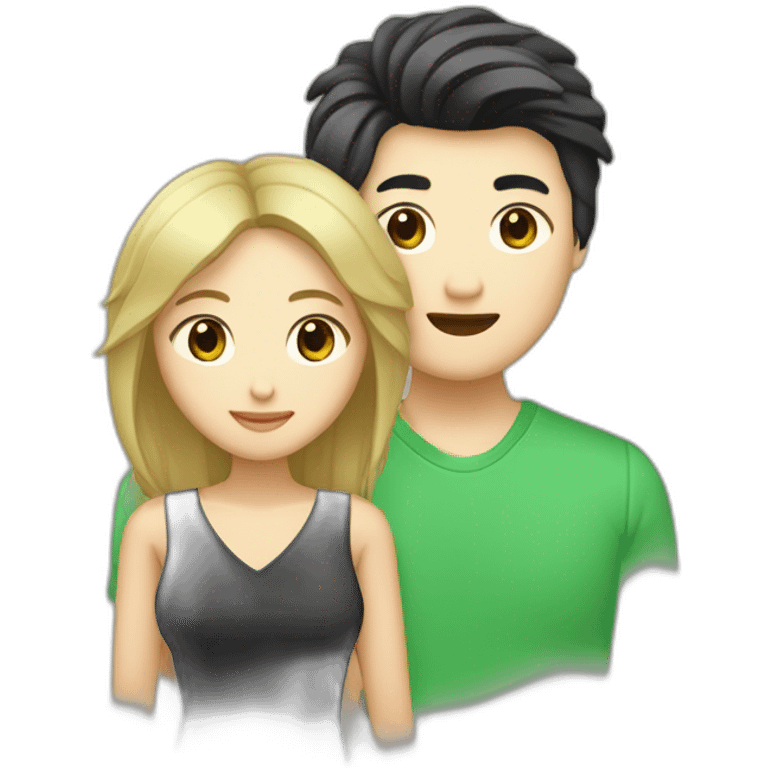 Un couple mignon composé d’un homme aux cheveux noir asiatique et d’une femme au cheuveux blond et au yeux vert emoji