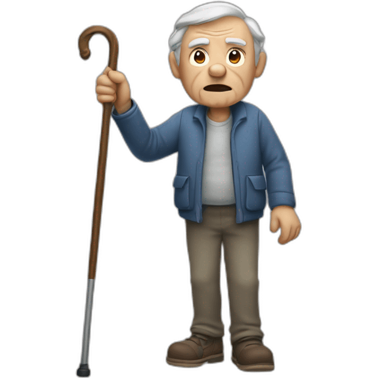 Old man leaning on a walking cane holding his back with the other hand grumpy face, detailed emoji