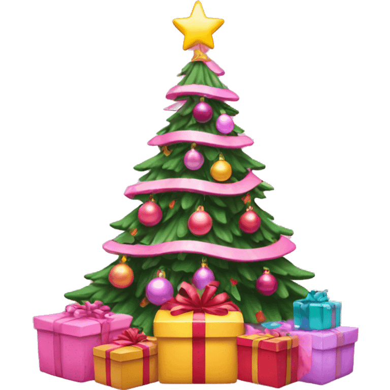 Pink Christmas tree with lights and presents under it emoji