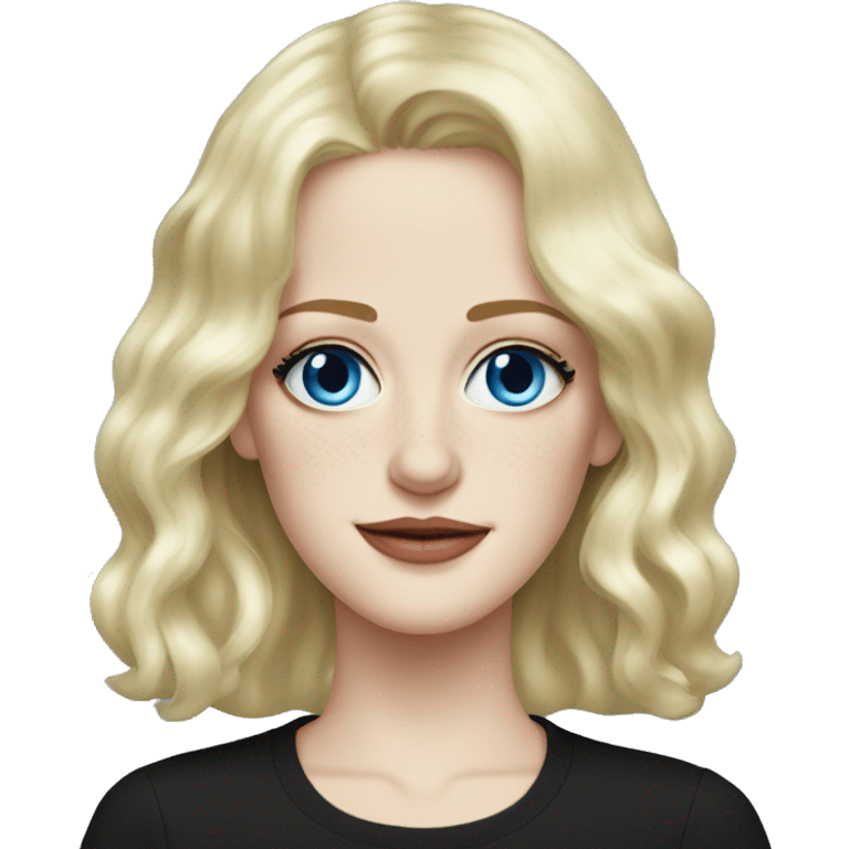 Eva Green with blonde hair, blue eyes, freckles, black shirt emoji