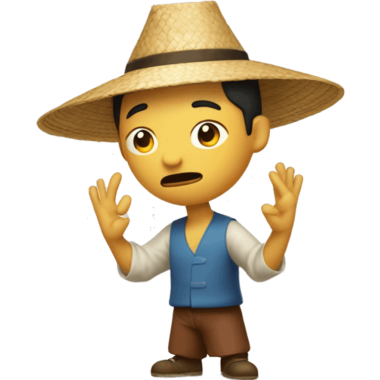 chinese man shrugging with his arms and he has a chinese straw hat emoji