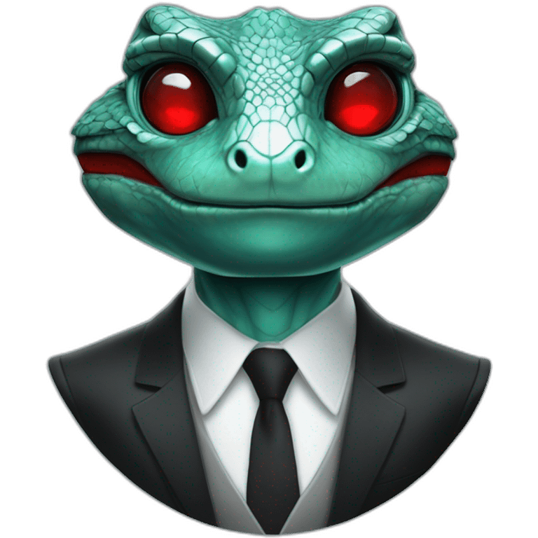 Aquamarine reptilian in classic black suite with red laser eyes on the middle of platinum coin emoji