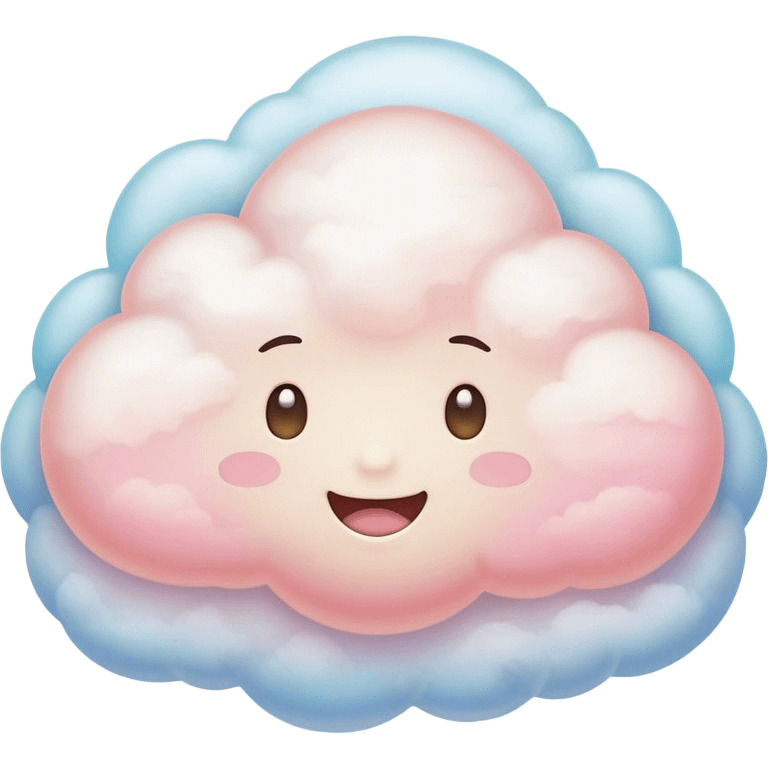 Cinematic round pastel cloud, soft puffy texture, gentle glowing edges, tiny happy face with blushing cheeks, floating in a dreamy sky, warm and magical. emoji