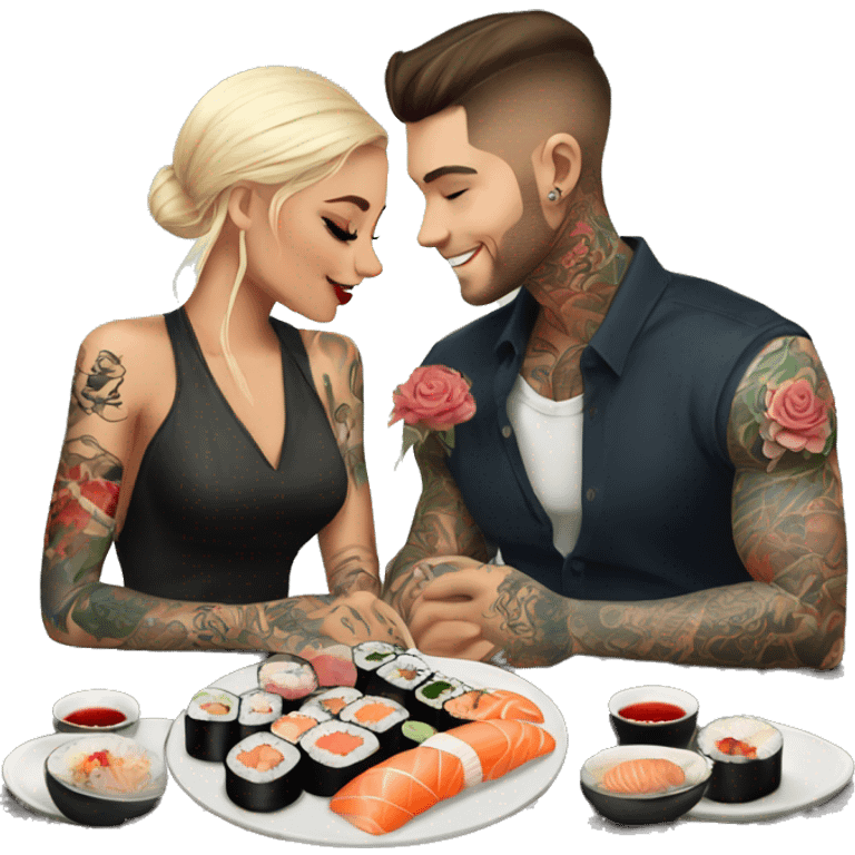 Romantic sushi dinner date for beautiful tattooed couple emoji