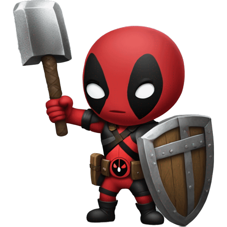 Deadpool holding Viking shield and a hammer emoji