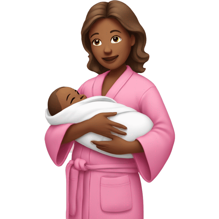 Mom holding newborn baby in a pink robe emoji