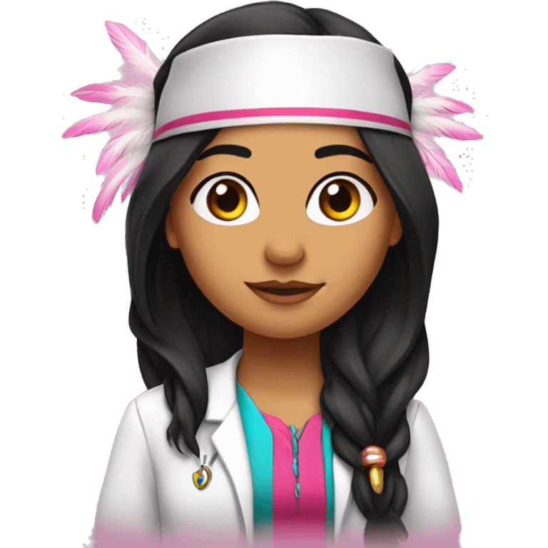  young beautiful Native American female idol scientist with feather earrings & long black hair with pink accents emoji