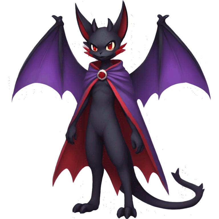  Black Red Purple Anthro Kawaii Edgy Cool Vampiric Demonic Beautiful Noivern-Nargacuga-Litten with big Bat Ears and wearing a cape and collar full body emoji