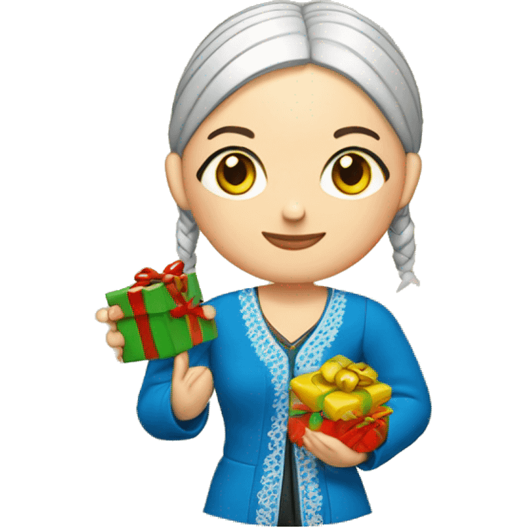 A female teacher in Ukrainian embroidery holds a gift in her hand emoji