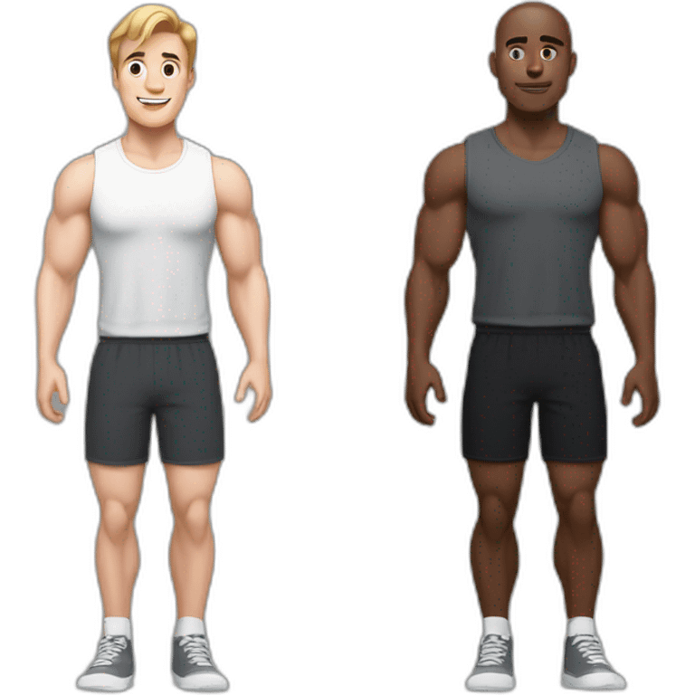 Full height Actively gesturing with hands Pale skinned Fit Man With the biceps and brown hair in dark gray Sleeveless Mike, black oversize sports shorts and white Sneakers emoji