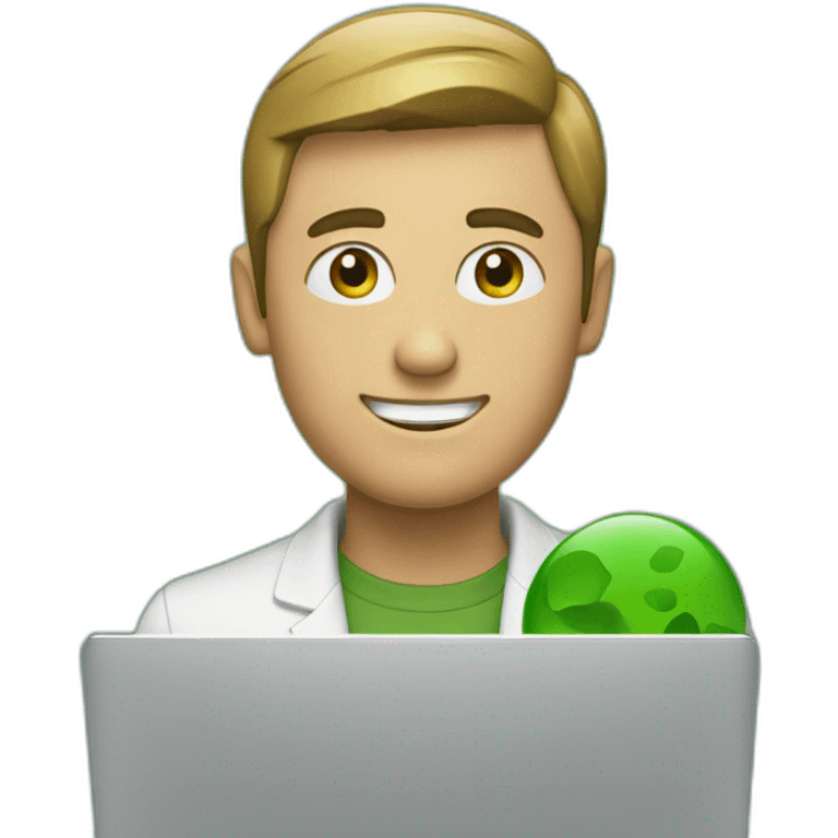 a man with a laptop, green stones in the background emoji