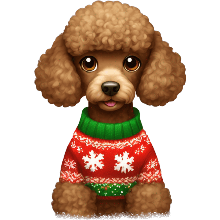 A brown mini poodle wearing  a Christmas sweater emoji