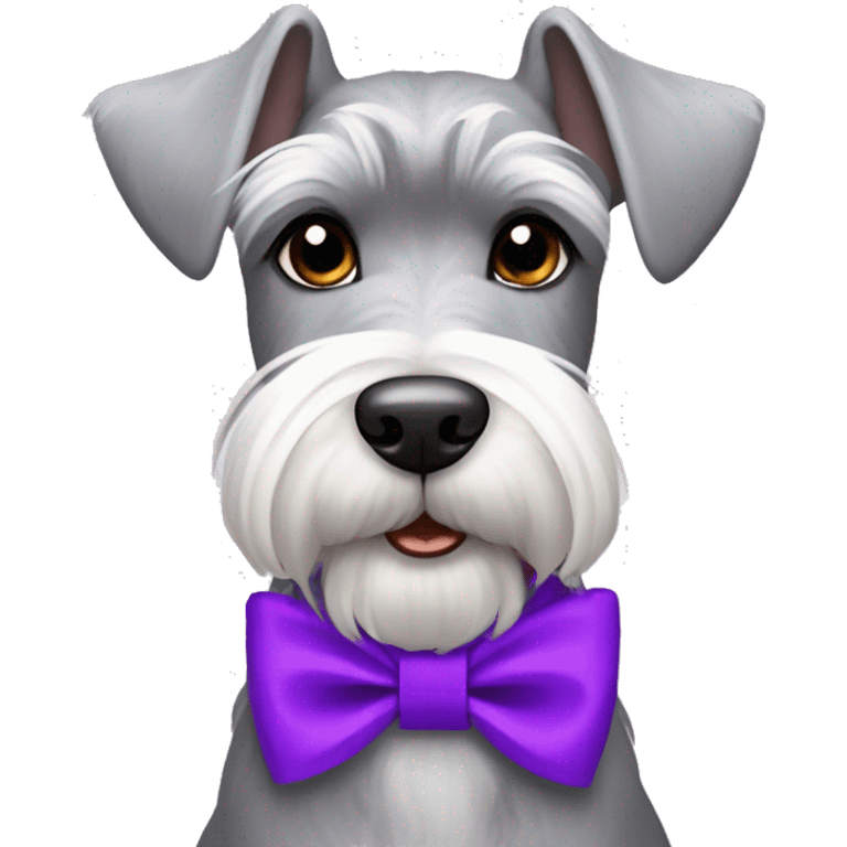 grey and white miniature schnauzer with purple collar and bows in her hair  emoji