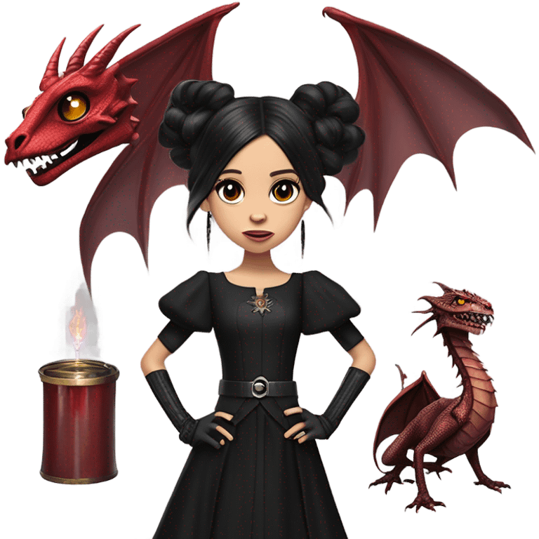 surprised Lavish Victorian black evening gown with gloves, Jenna Ortega as Addams girl Jedi wearing a steampunk mini tiara, very large blood red evil-looking horned dragon emoji