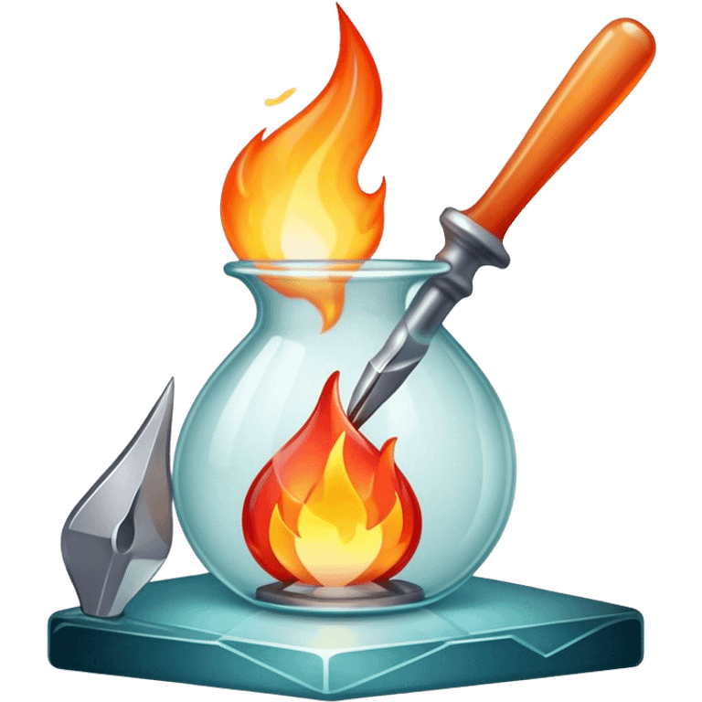 Glassworking icon, piece of glass being shaped with tools, glass cutter, flame for glassblowing, smooth edges, sparkling texture, minimalistic style, clean lines, transparent background. emoji