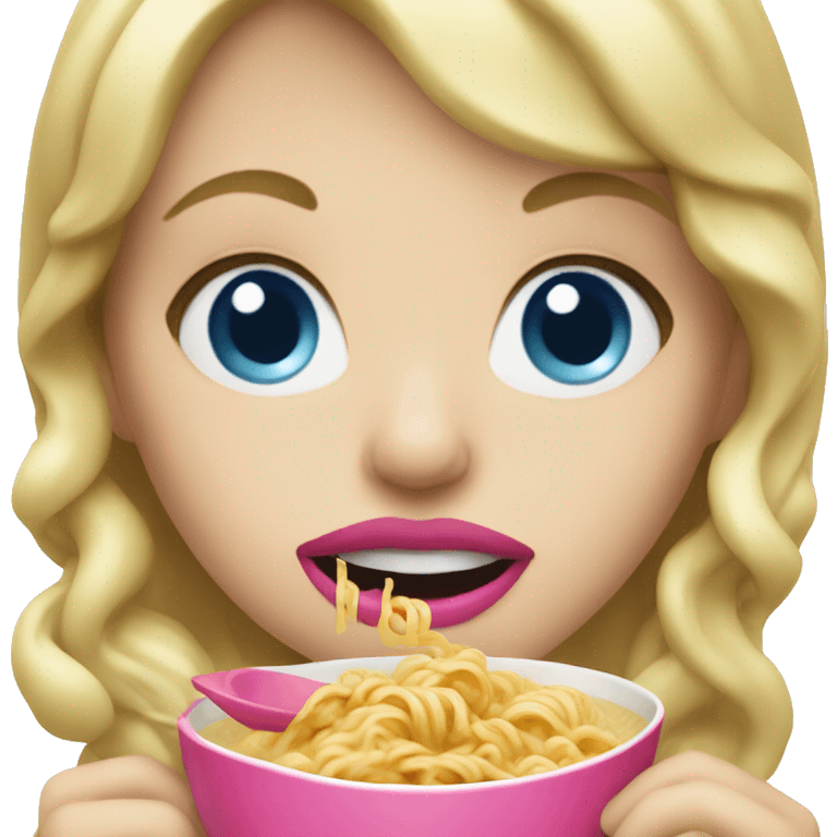 Blonde with pink lips and blue eyes eating ramen emoji